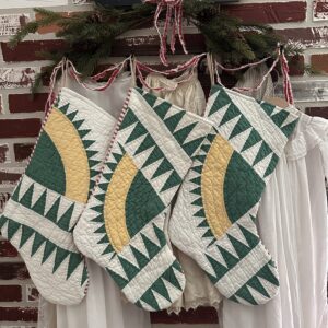 Green, Yellow and white quilt made into vintage Christmas stockings