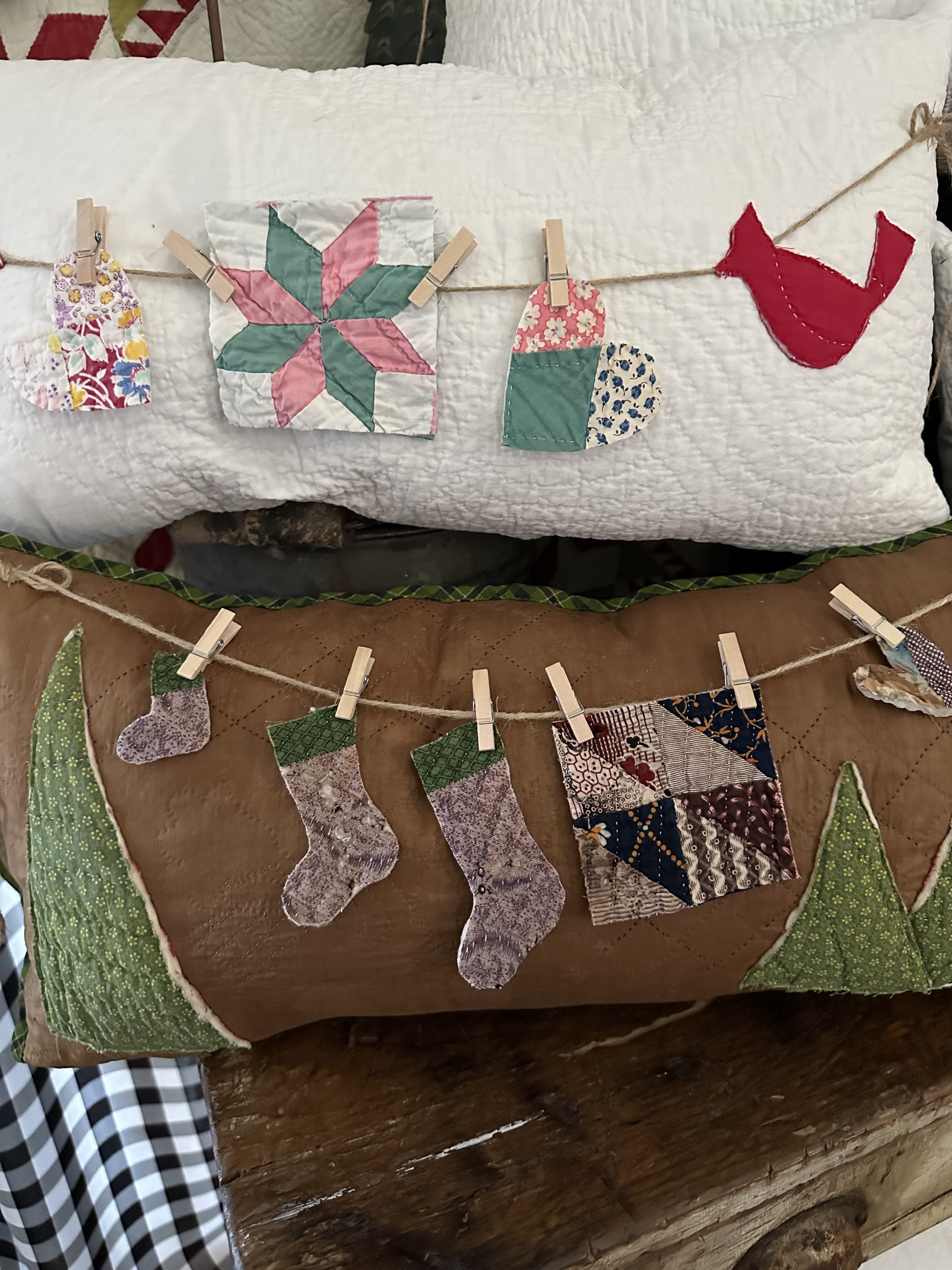 Early Antique Quilt Pillow Charms 1860s Stockings Heart plus 6 antique quilt charms