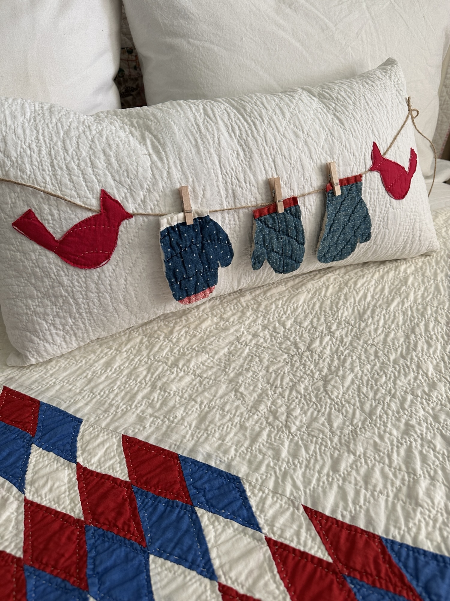 Large Vintage Quilt Pillow with Red Cardinals and Mittens 1 decorative vintage quilt pillow