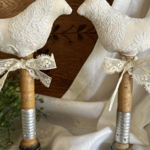 Pair Antique Delicate Lace Birds on Bobbins #2