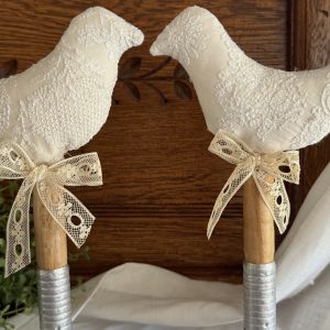 Pair Antique Delicate Lace Birds on Bobbins #8