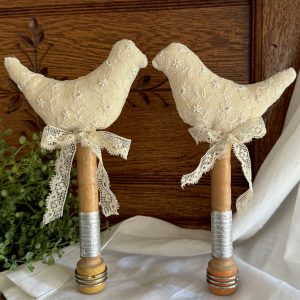 Pair Antique Delicate Lace Birds on Bobbins #9