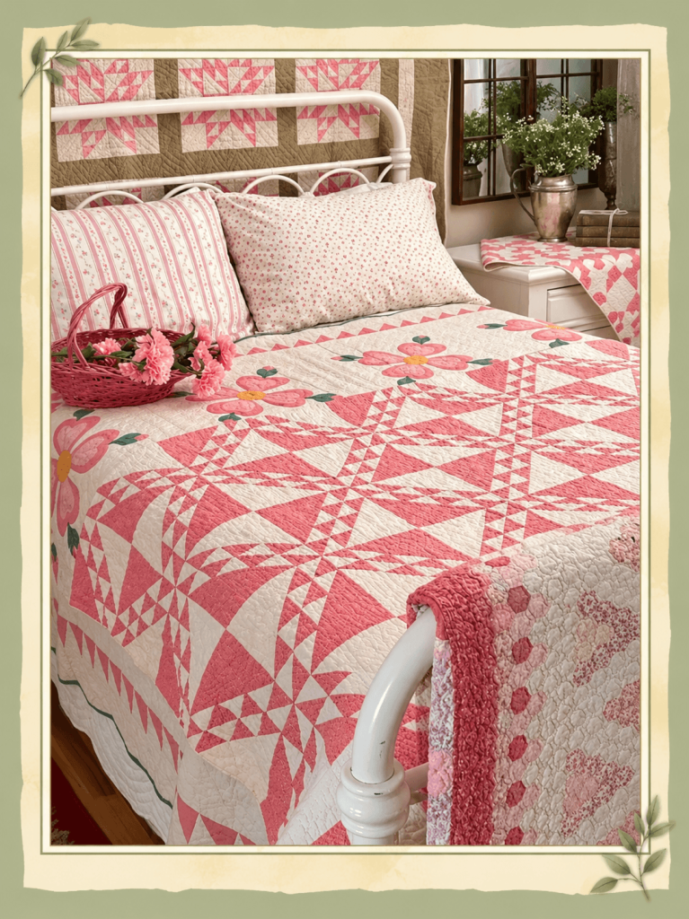 Layered vintage Quilts in pink and white